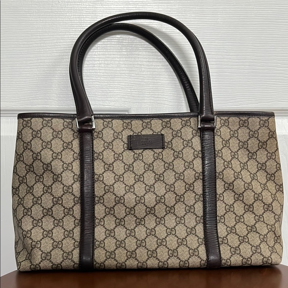 Gucci Joy GG Supreme Canvas Tote Bag - Large Beige Brown Leather Trim Designer - Picture 4 of 16